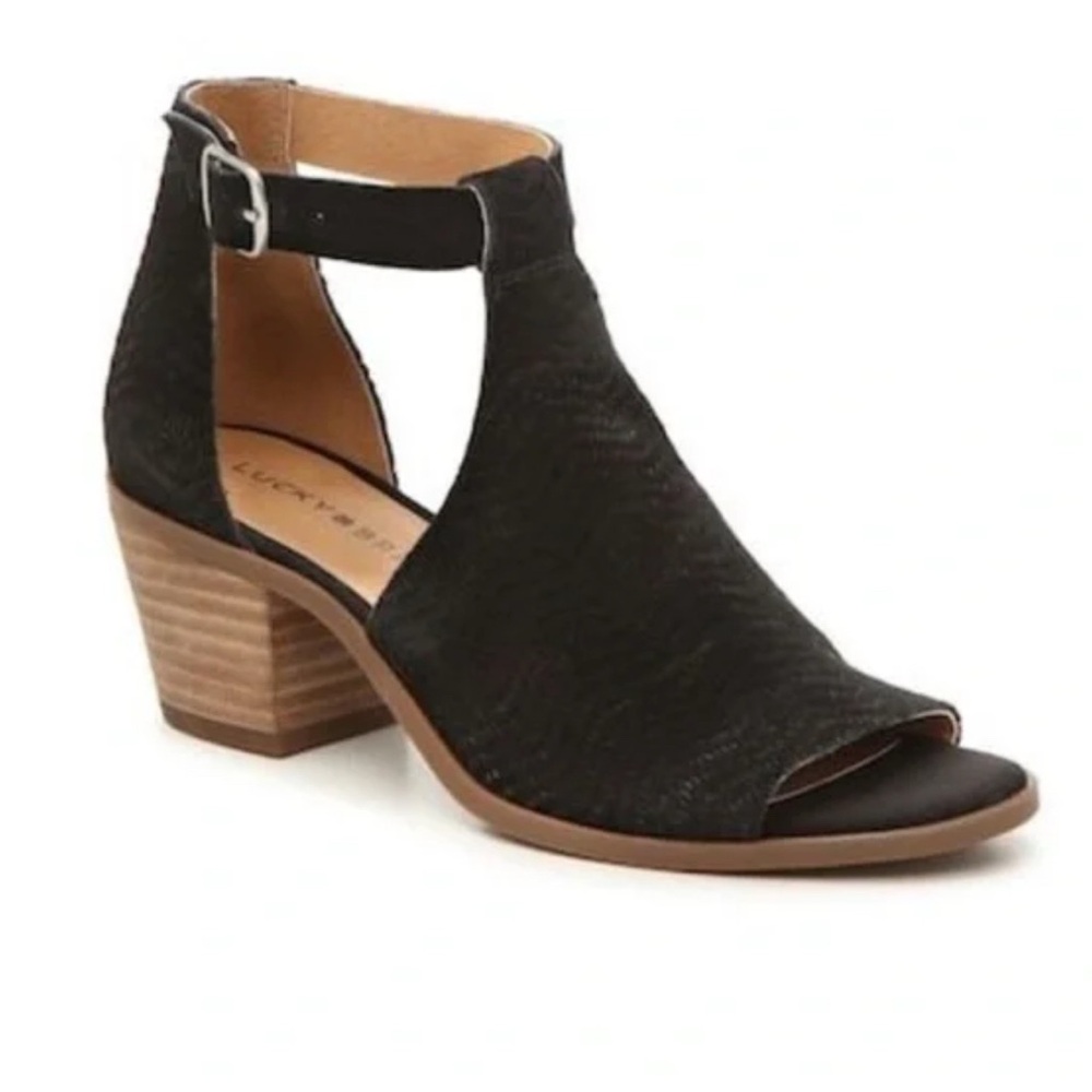 Lucky Brand LP-Baxley Black Suede Open Toe Block Heel Sandals Shoes Size 6